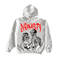 a white hoodie with an image of a woman and a man