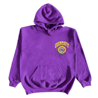 a purple hoodie with a yellow logo on it